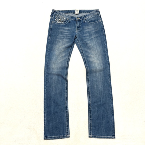 True Religion 31 Joey Super T Flap Jeans Zebra Chrystal Buttons Low Straight USA - Picture 2 of 10